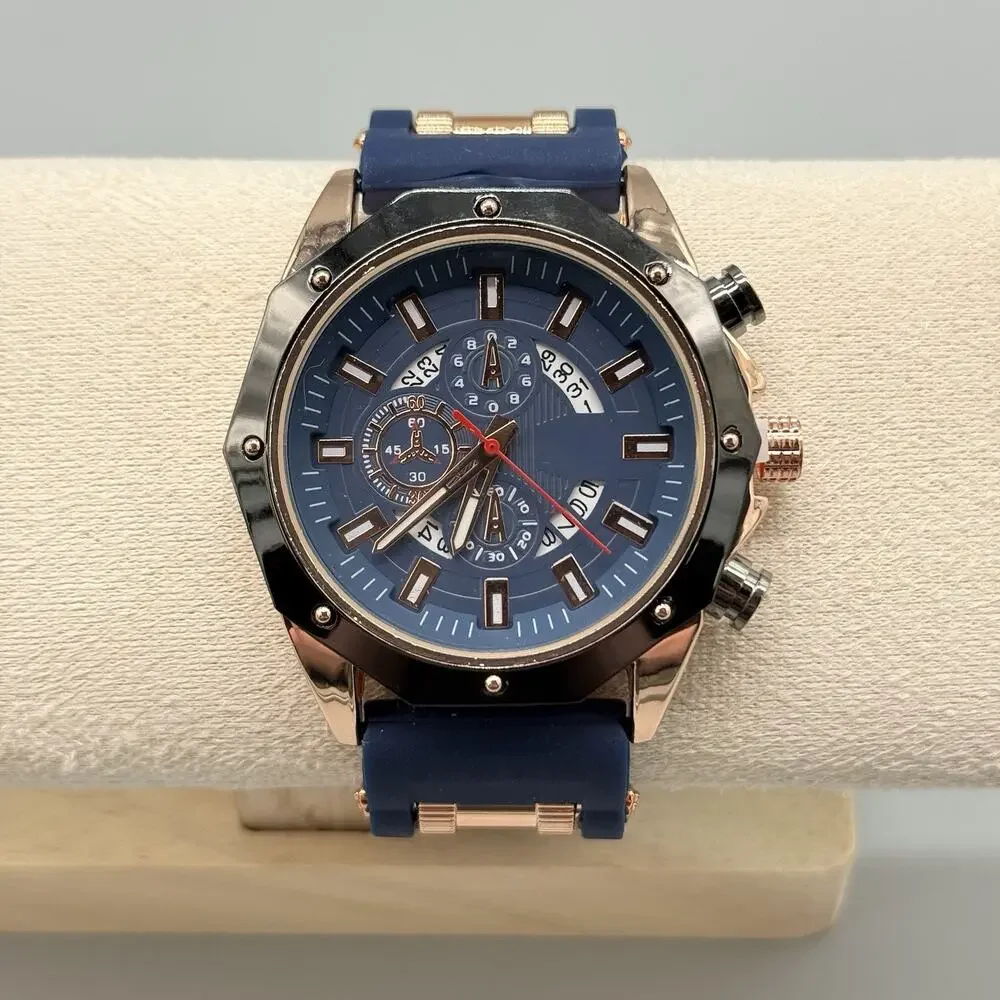 Mens Navy Blue Rose Gold Watch Silicone Strap Industrial Bolled Bezel Sport New